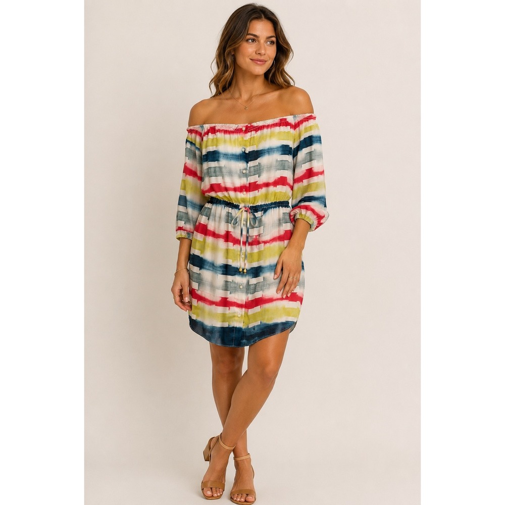 NWT Shoshanna Women Silk Watercolor Stripe Off-The-Shoulder Mini Dress Multi 2